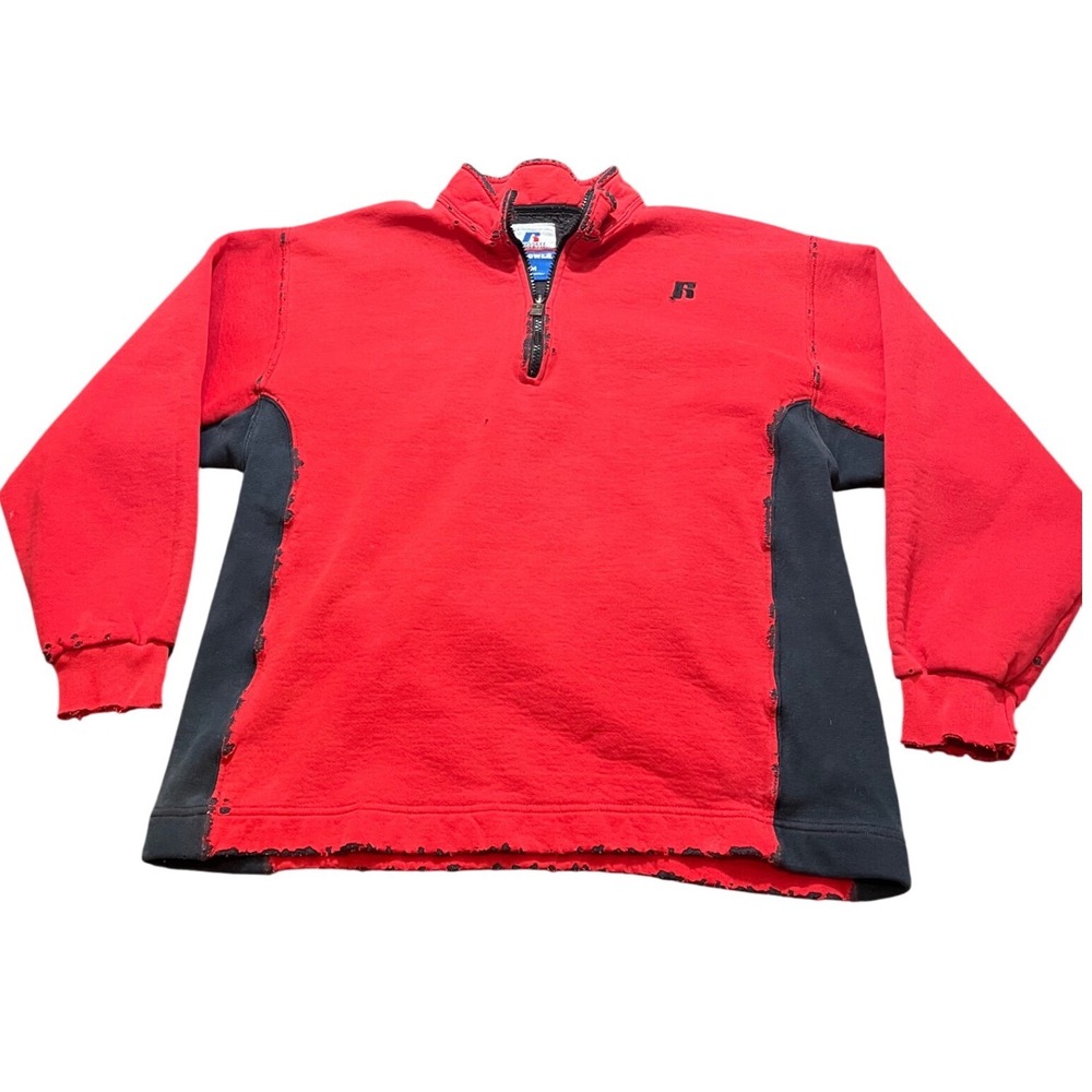 Vintage Russell Athletic Dri-Power Quarter Zip Red‎ Thrashed Distressed Medium